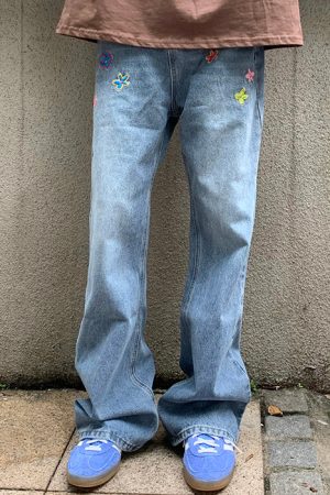 Casual Day Outfits, Easy Trendy Outfits Indie Aesthetic Flower Embroidery Jeans