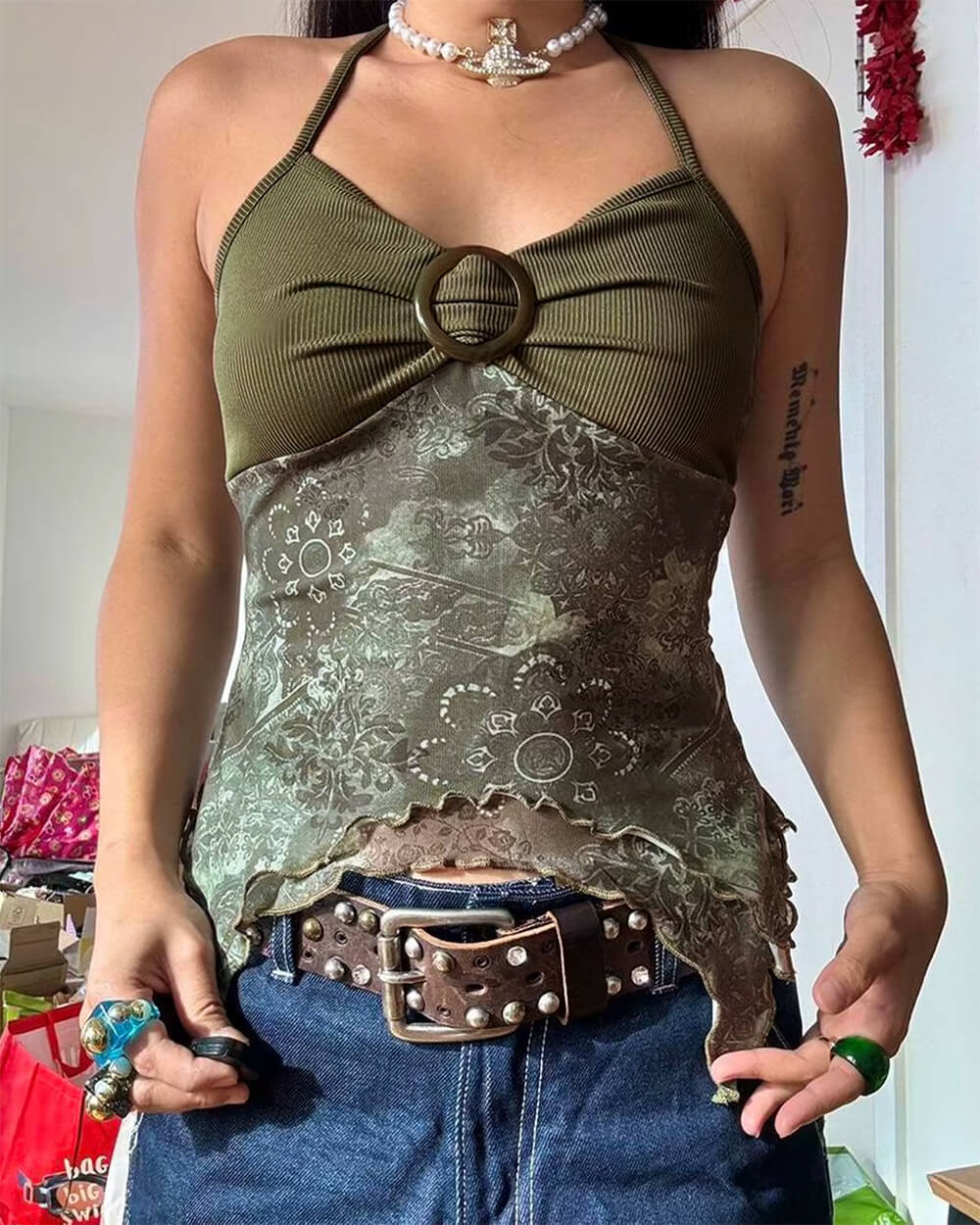 Casual Day Outfits, Easy Trendy Outfits Indie Aesthetic Lace Halter Top Casual Day Outfits, Easy Trendy Outfits Indie Aesthetic Lace Halter Top