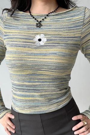 Casual Day Outfits, Easy Trendy Outfits Indie Flower Striped Long Sleeve Top