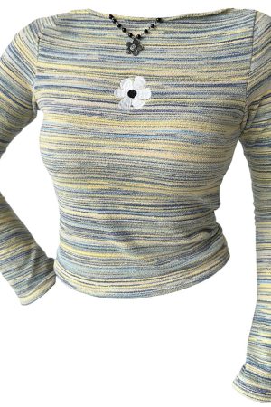 Casual Day Outfits, Easy Trendy Outfits Indie Flower Striped Long Sleeve Top