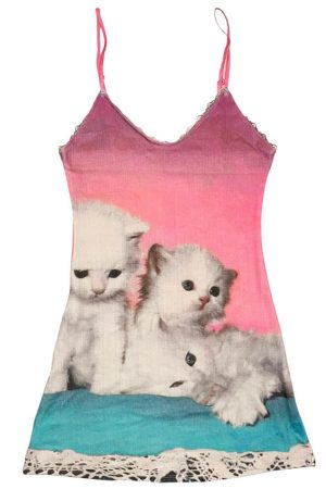 Casual Day Outfits, Easy Trendy Outfits Kitten Print Y2K Mini Dress