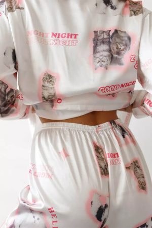 Casual Day Outfits, Easy Trendy Outfits Kitty Satin Pajama Set