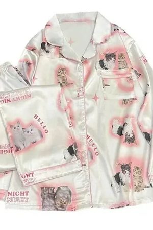 Casual Day Outfits, Easy Trendy Outfits Kitty Satin Pajama Set