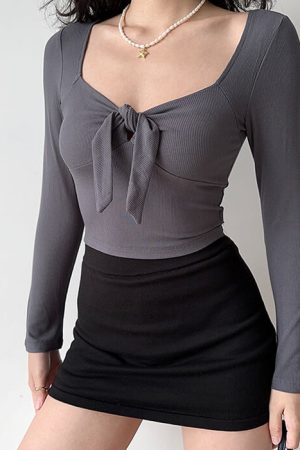 Casual Day Outfits, Easy Trendy Outfits Knot Tie Ribbed Long Sleeve Top