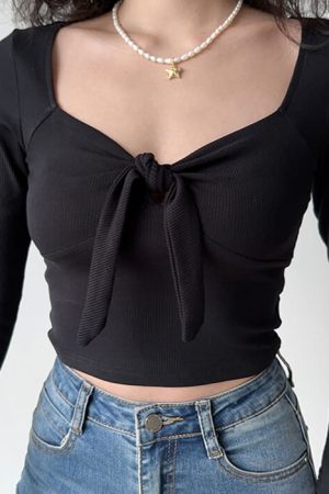 Casual Day Outfits, Easy Trendy Outfits Knot Tie Ribbed Long Sleeve Top