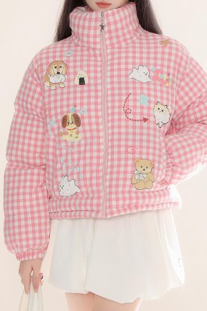 Casual Day Outfits, Easy Trendy Outfits Korean Aesthetic Checker Puffer Jacket