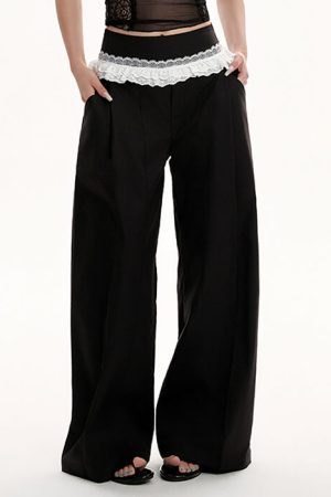 Casual Day Outfits, Easy Trendy Outfits Lace Trim Waist Wide-Leg Trousers