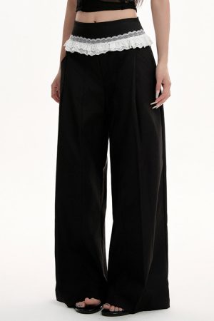 Casual Day Outfits, Easy Trendy Outfits Lace Trim Waist Wide-Leg Trousers