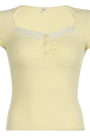 Casual Day Outfits, Easy Trendy Outfits Lemon Sorbet Ribbed Lace Top