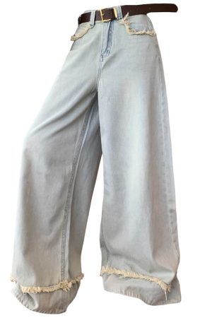 Casual Day Outfits, Easy Trendy Outfits Light Blue Frayed Wide-Leg Jeans