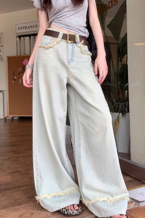 Casual Day Outfits, Easy Trendy Outfits Light Blue Frayed Wide-Leg Jeans