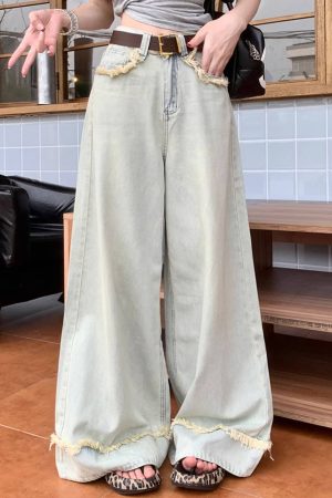 Casual Day Outfits, Easy Trendy Outfits Light Blue Frayed Wide-Leg Jeans