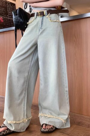 Casual Day Outfits, Easy Trendy Outfits Light Blue Frayed Wide-Leg Jeans