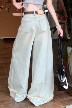Casual Day Outfits, Easy Trendy Outfits Light Blue Frayed Wide-Leg Jeans