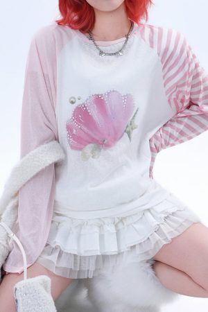 Casual Day Outfits, Easy Trendy Outfits Mermaidcore Graphic Long Sleeve Top