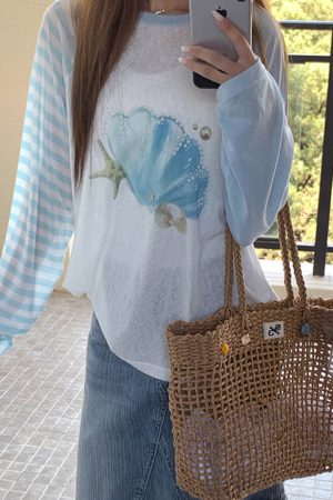 Casual Day Outfits, Easy Trendy Outfits Mermaidcore Graphic Long Sleeve Top