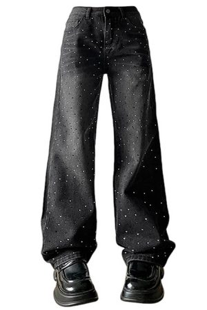 Casual Day Outfits, Easy Trendy Outfits Midnight Rhinestone Baggy Jeans