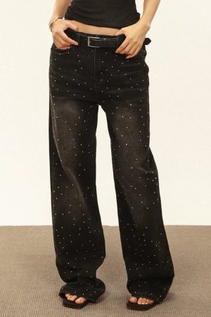 Casual Day Outfits, Easy Trendy Outfits Midnight Rhinestone Baggy Jeans