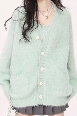Casual Day Outfits, Easy Trendy Outfits Mint Green Fuzzy Cardigan