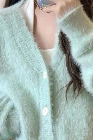 Casual Day Outfits, Easy Trendy Outfits Mint Green Fuzzy Cardigan