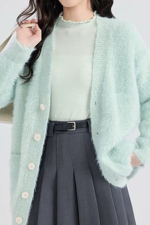 Casual Day Outfits, Easy Trendy Outfits Mint Green Fuzzy Cardigan