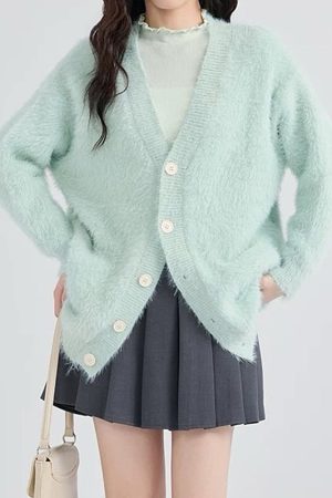 Casual Day Outfits, Easy Trendy Outfits Mint Green Fuzzy Cardigan