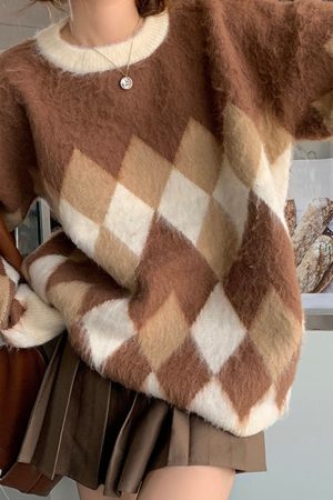 Casual Day Outfits, Easy Trendy Outfits Mocha Fuzzy Argyle Sweater