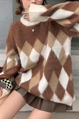Casual Day Outfits, Easy Trendy Outfits Mocha Fuzzy Argyle Sweater