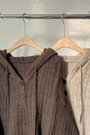 Casual Day Outfits, Easy Trendy Outfits Mocha Knit Button Up Hoodie