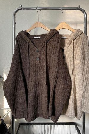 Casual Day Outfits, Easy Trendy Outfits Mocha Knit Button Up Hoodie