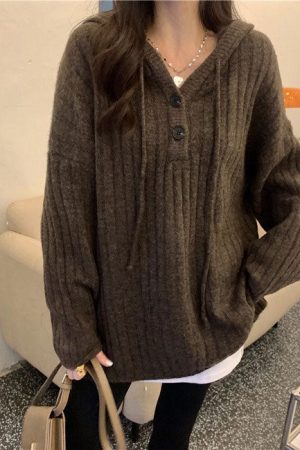 Casual Day Outfits, Easy Trendy Outfits Mocha Knit Button Up Hoodie