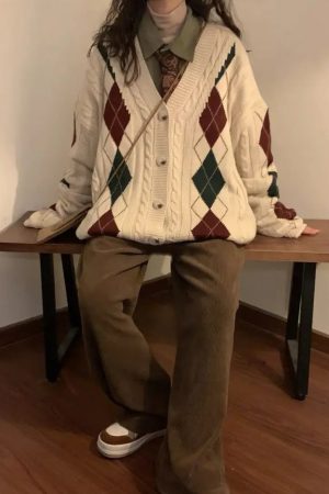Casual Day Outfits, Easy Trendy Outfits New Student Argyle Cardigan
