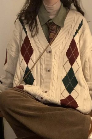 Casual Day Outfits, Easy Trendy Outfits New Student Argyle Cardigan