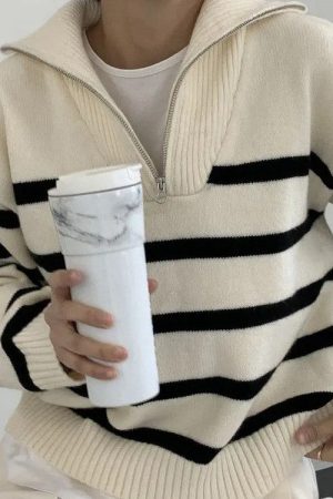Casual Day Outfits, Easy Trendy Outfits Old Money Zip Up Striped Sweater