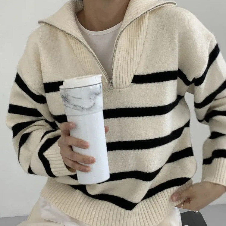 Casual Day Outfits, Easy Trendy Outfits Old Money Zip Up Striped Sweater Casual Day Outfits, Easy Trendy Outfits Old Money Zip Up Striped Sweater