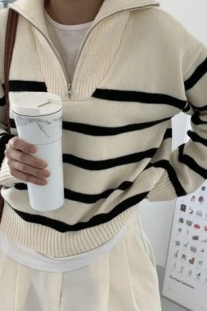 Casual Day Outfits, Easy Trendy Outfits Old Money Zip Up Striped Sweater