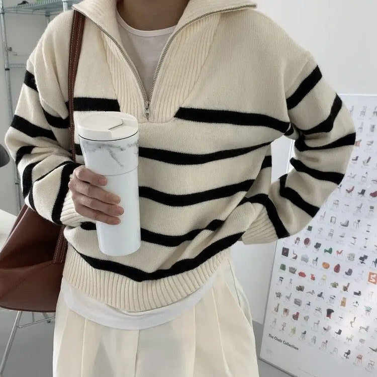 Casual Day Outfits, Easy Trendy Outfits Old Money Zip Up Striped Sweater Casual Day Outfits, Easy Trendy Outfits Old Money Zip Up Striped Sweater