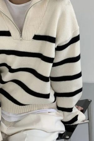 Casual Day Outfits, Easy Trendy Outfits Old Money Zip Up Striped Sweater