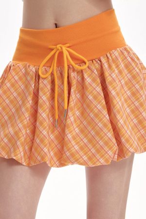 Casual Day Outfits, Easy Trendy Outfits Orange Checkered Bubble Skirt