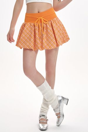 Casual Day Outfits, Easy Trendy Outfits Orange Checkered Bubble Skirt