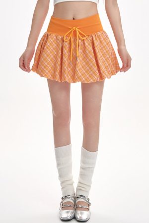 Casual Day Outfits, Easy Trendy Outfits Orange Checkered Bubble Skirt