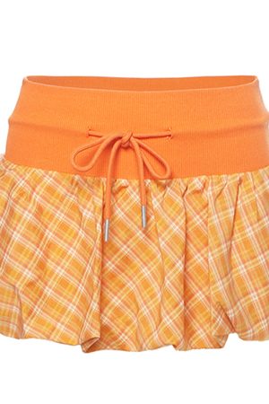 Casual Day Outfits, Easy Trendy Outfits Orange Checkered Bubble Skirt