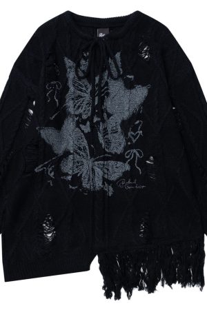 Casual Day Outfits, Easy Trendy Outfits Oversized Ripped Sweater with Butterfly Print