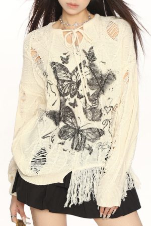 Casual Day Outfits, Easy Trendy Outfits Oversized Ripped Sweater with Butterfly Print