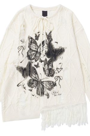 Casual Day Outfits, Easy Trendy Outfits Oversized Ripped Sweater with Butterfly Print