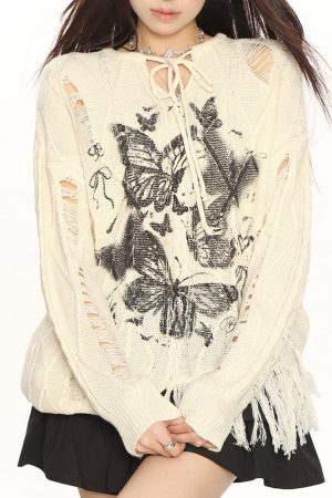 Casual Day Outfits, Easy Trendy Outfits Oversized Ripped Sweater with Butterfly Print