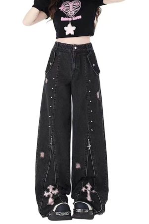 Casual Day Outfits, Easy Trendy Outfits Pastel Goth Cross Baggy Jeans