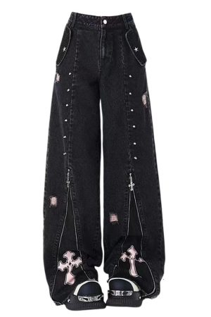 Casual Day Outfits, Easy Trendy Outfits Pastel Goth Cross Baggy Jeans