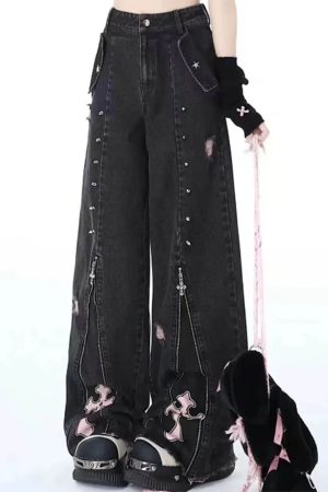 Casual Day Outfits, Easy Trendy Outfits Pastel Goth Cross Baggy Jeans