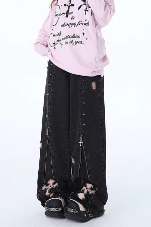 Casual Day Outfits, Easy Trendy Outfits Pastel Goth Cross Baggy Jeans